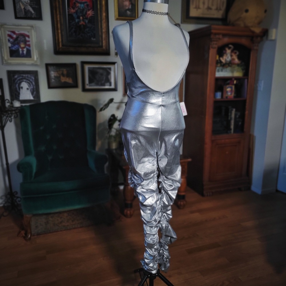 Best Cody Jumpsuit Silver Metallic Ruched Leg Disco Festival Rave Unitard Large